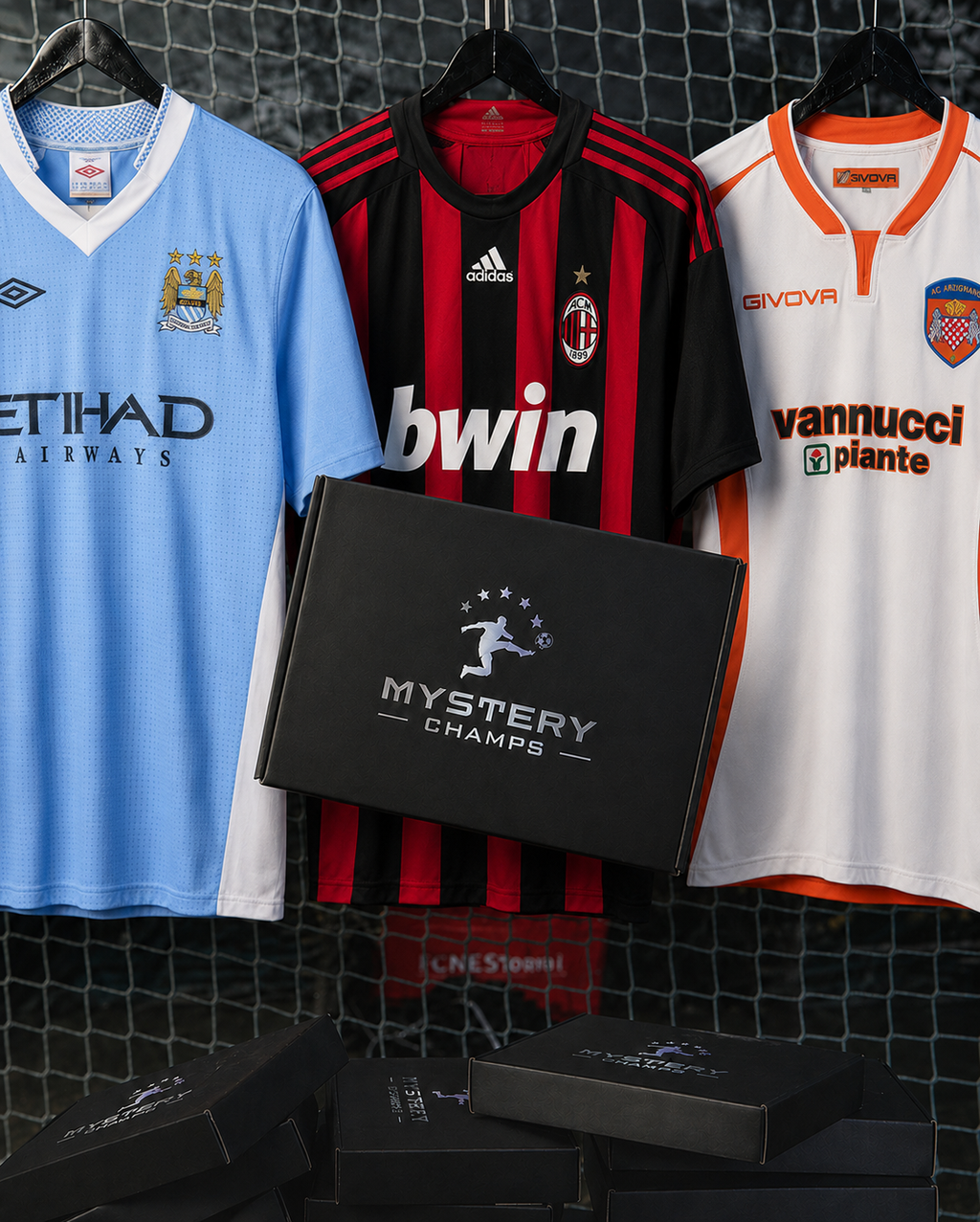 Vintage Premium Fußballtrikot Mystery Box mit klassischen Trikots und Mystery Champs Box