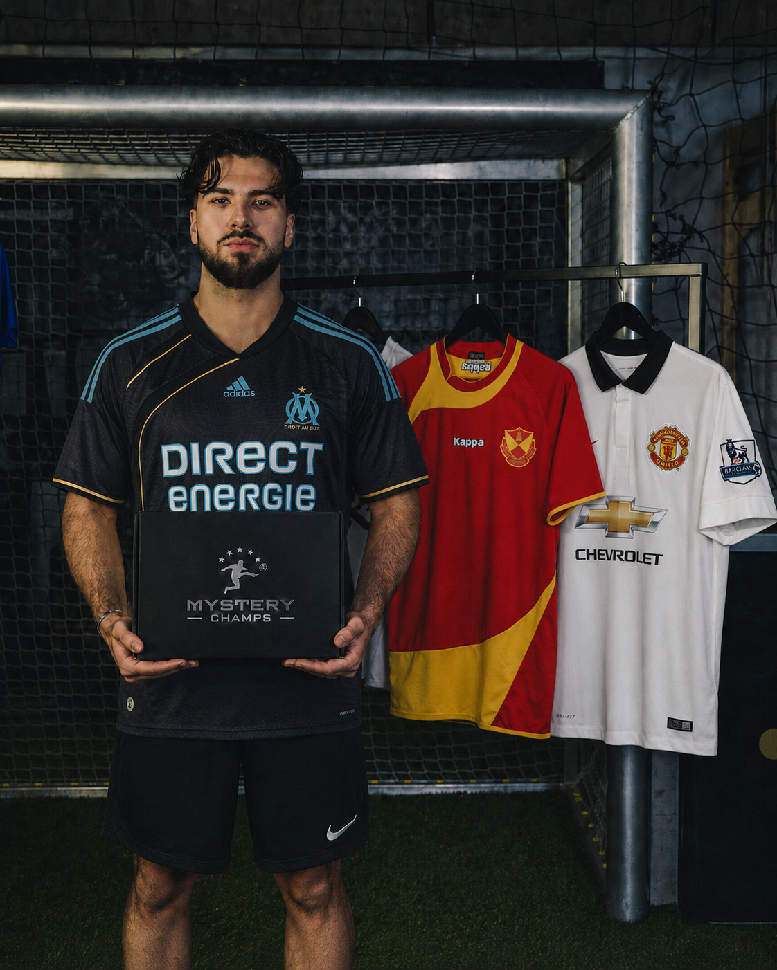 Vintage Premium Mystery Box von Mystery Champs mit Marseille-Trikot und klassischen Fußballtrikots