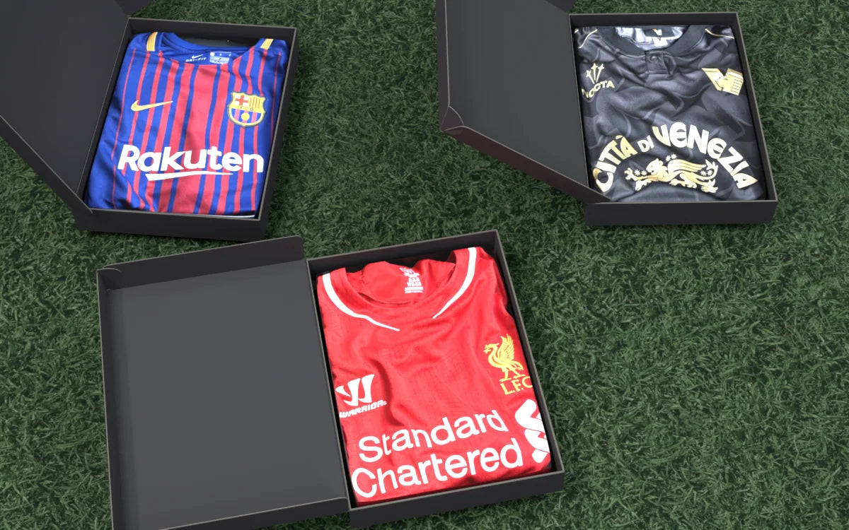 Three Mystery Champs boxes open to reveal one folded shirt each, using our original product photos.